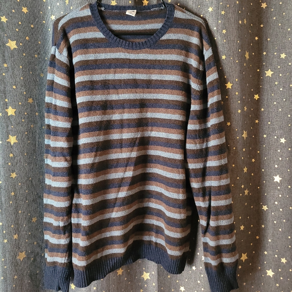 GAP | Men's Navy and Brown Striped Crewneck Sweater Extra Large